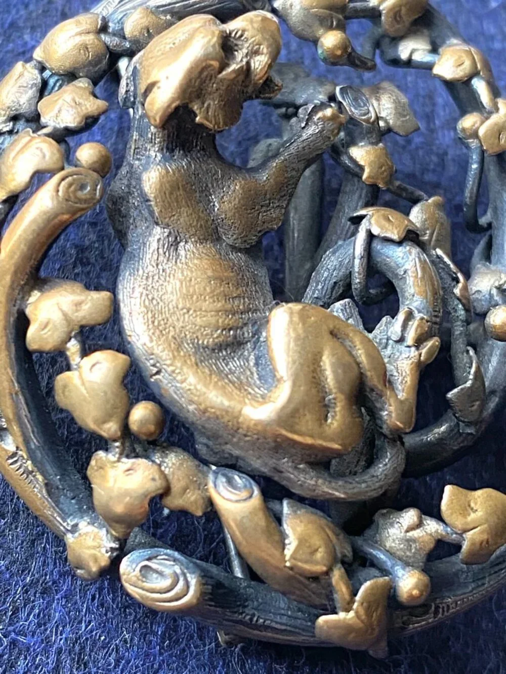 Sculptural Bronze/Copper Brooch with Cougar, Ivy, and Branches